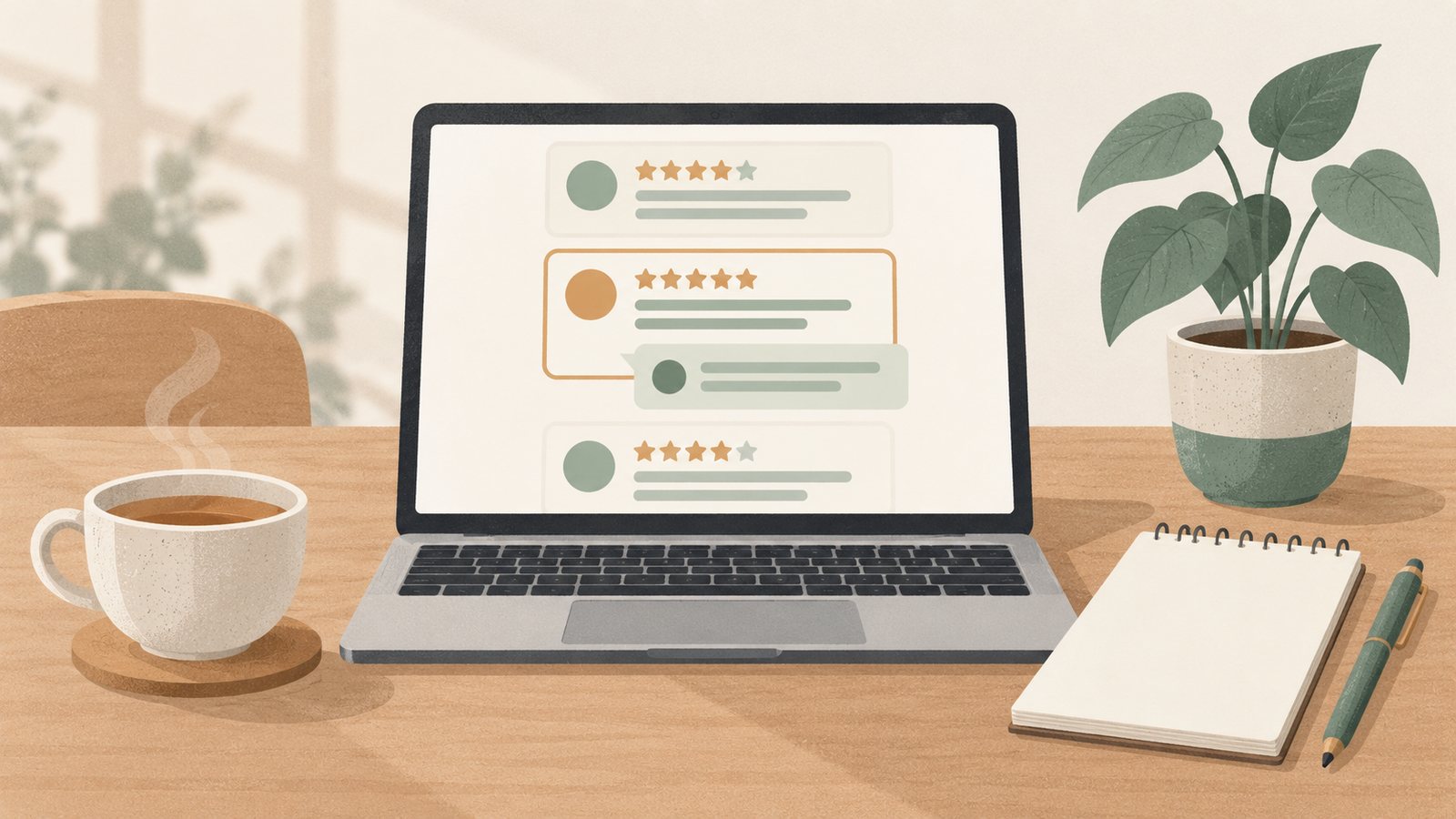 Ilustracja: laptop z opiniami i odpowiedzią właściciela, obok herbata i notes
