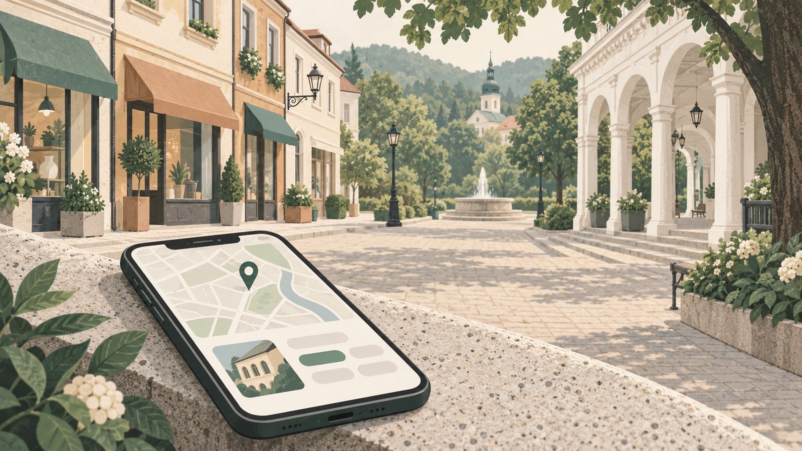 Ilustracja: telefon z mapą i kartą firmy z wyróżnioną kategorią, w tle sklepiki i arkady uzdrowiska